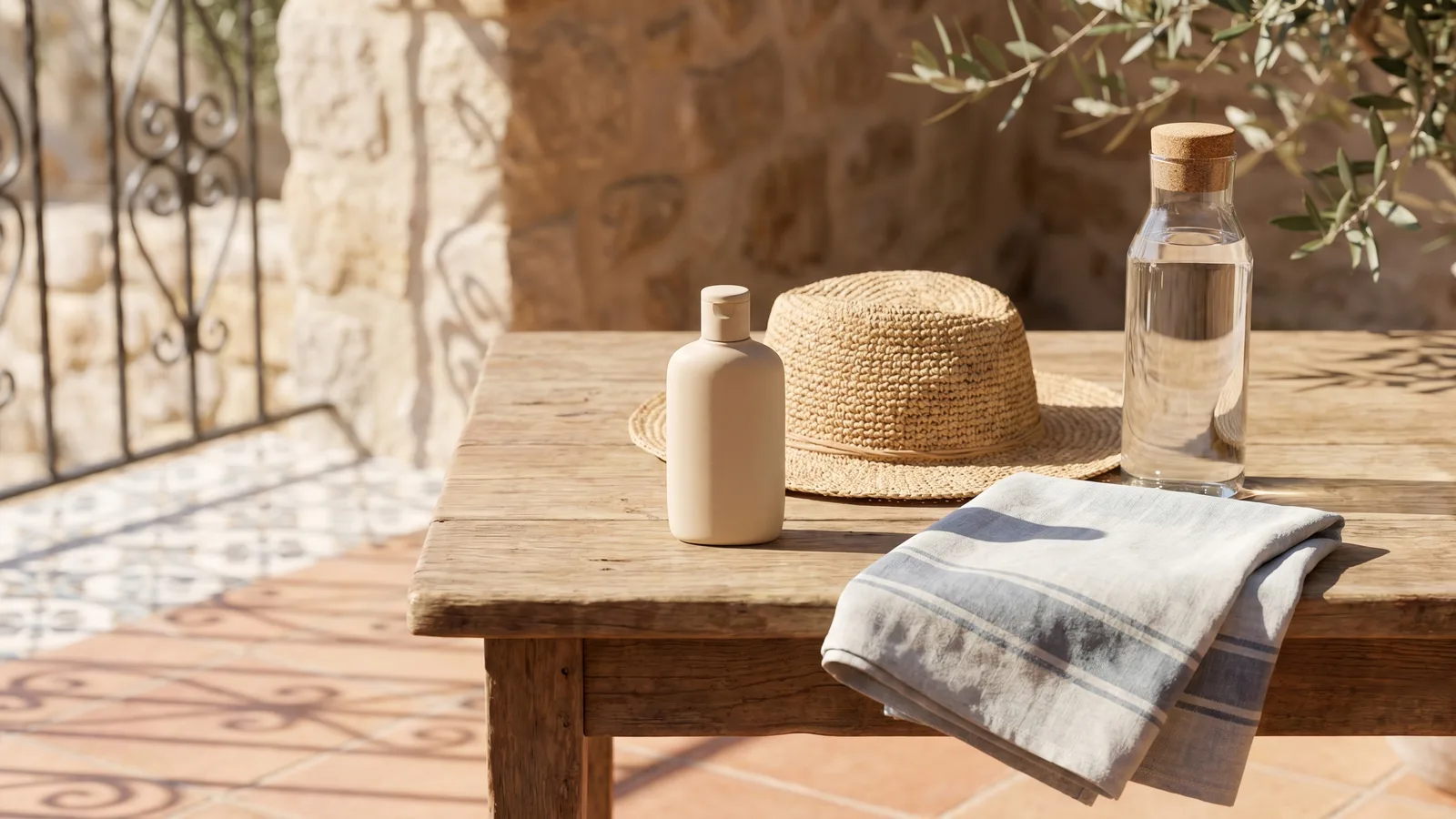 Protector solar sense marca, barret de palla i ampolla d'aigua sobre una taula amb llum d'estiu