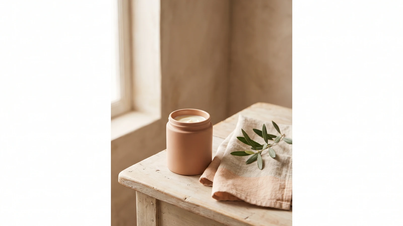 Pot de crema de terracota i una tela de lli amb una branca d'olivera sobre una taula de fusta, amb llum suau